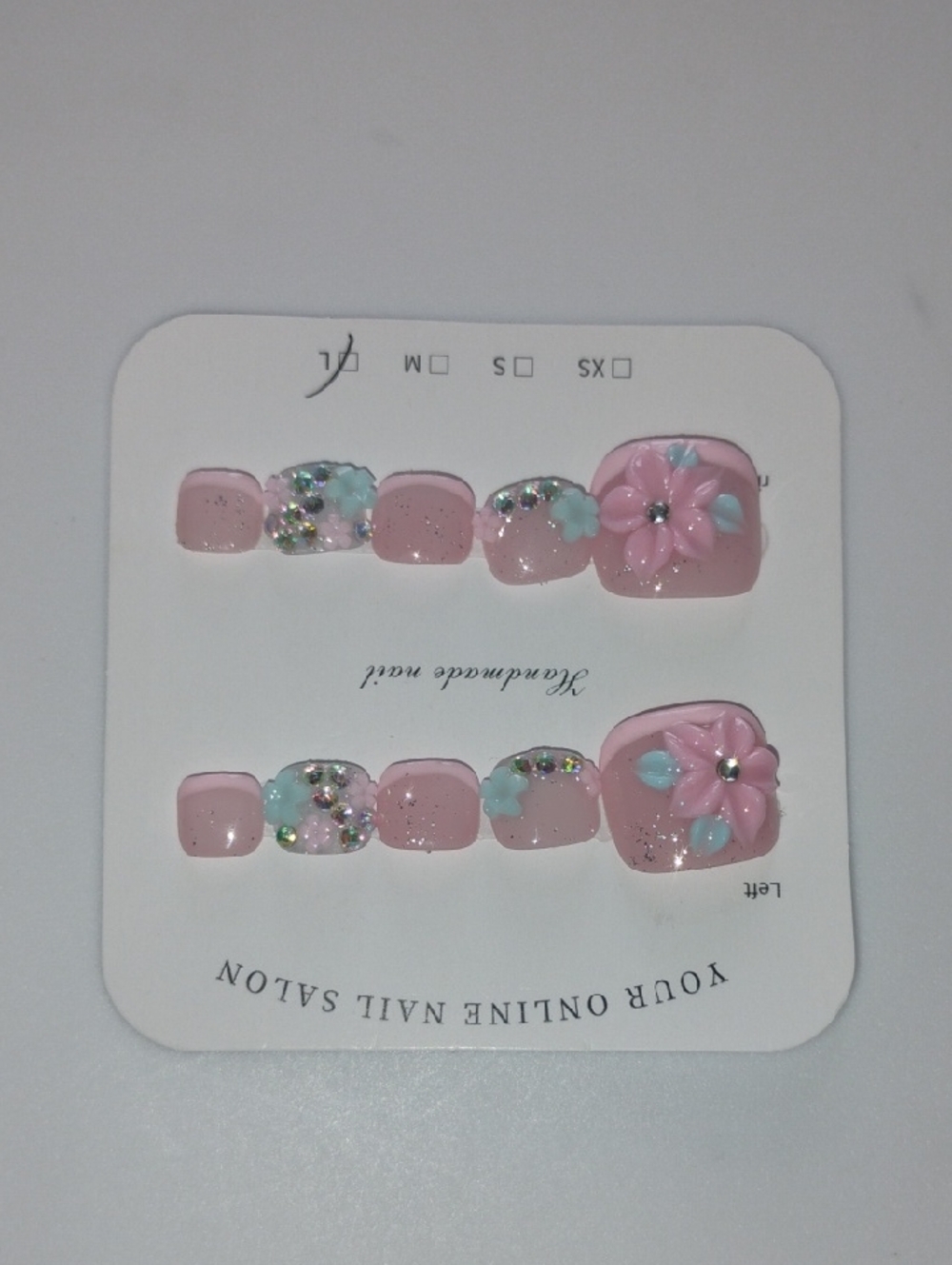 Pink 3D Floral Press-On Toe Nails with Gem Accents